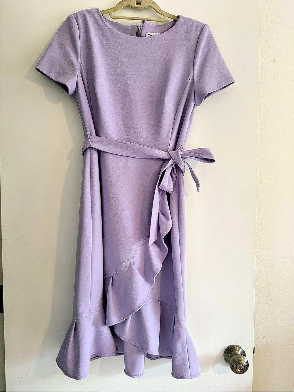 Calvin Klein Short Sleeve Ruffle Faux Wrap Dress Purple Size 6